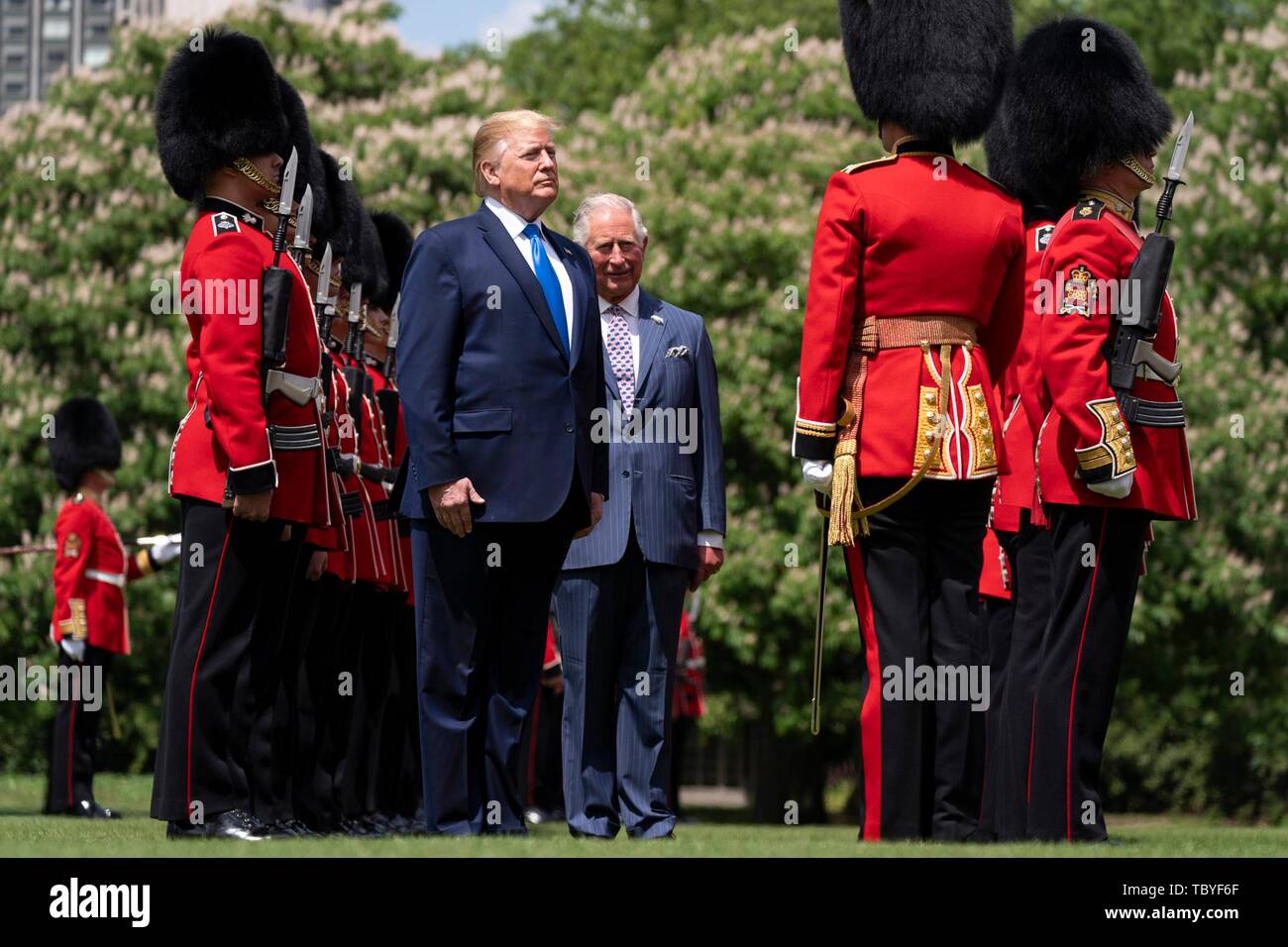 London, UK. 03rd June, 2019. U.S President Donald Trump escorted by the HRH Prince Charles inspect the Queens Guard during an official welcome ceremony at Buckingham Palace June 3, 2019 in London, England. Credit: Planetpix/Alamy Live News Stock Photo