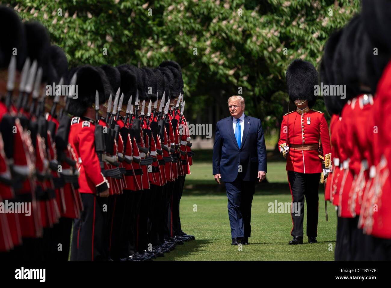 London, UK. 03rd June, 2019. U.S President Donald Trump escorted by the HRH Prince Charles inspect the Queens Guard during an official welcome ceremony at Buckingham Palace June 3, 2019 in London, England. Credit: Planetpix/Alamy Live News Stock Photo