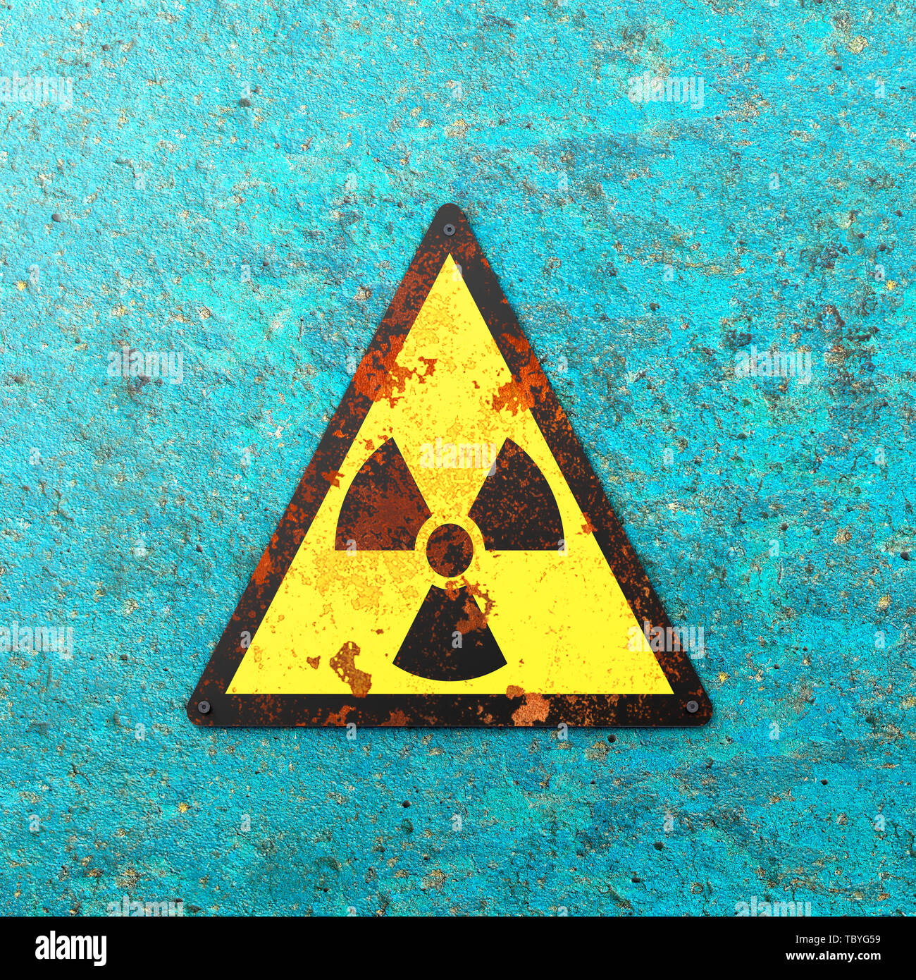 Warning sign Nuclear site, sign hanging on a wall. Indication of the presence of a radioactive area, 3d render. Nuclear weapons. Dangerous site Stock Photo