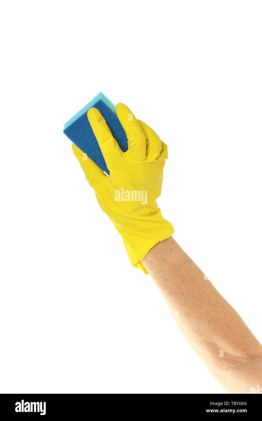 Hand in yellow glove with sponge on white background Stock Photo - Alamy
