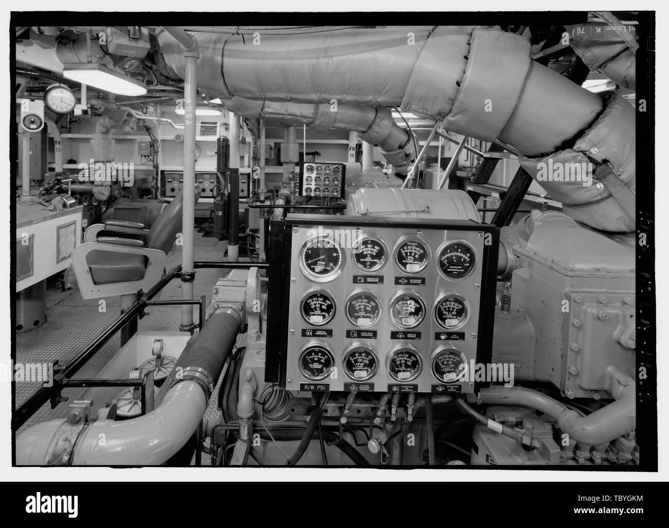 Main engine instrument panel, looking from port.  U.S. Coast Guard Cutter WHITE SUMAC, U.S. Coast Guard 8th District Base, 4640 Urquhart Street, New Orleans, Orleans Parish, LA Niagara Shipbuilding Corporation FV COMMODORE PERRY FV ELLIOT FY VKELPIE JOY TOY SUMMIT VENTURE Union Diesel Engine Company Christianson, Justine, transmitter Croteau, Todd, project manager US Coast Guard, sponsor Clifford, Candace, historian Lowe, Jet, photographer Brooks, Pete, delineator Jefferson, Howard, delineator Stock Photo