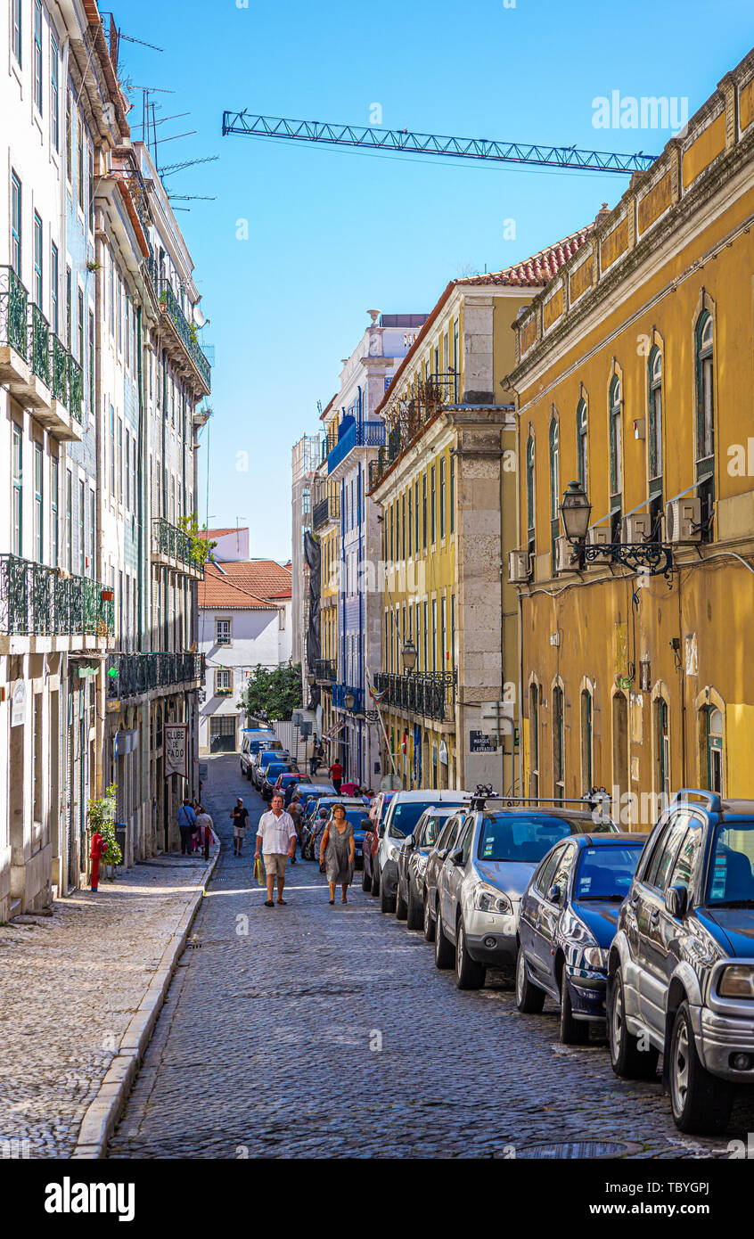 Steep Hill on Narrow Street in Lisbon Portugal Stock Photo - Alamy