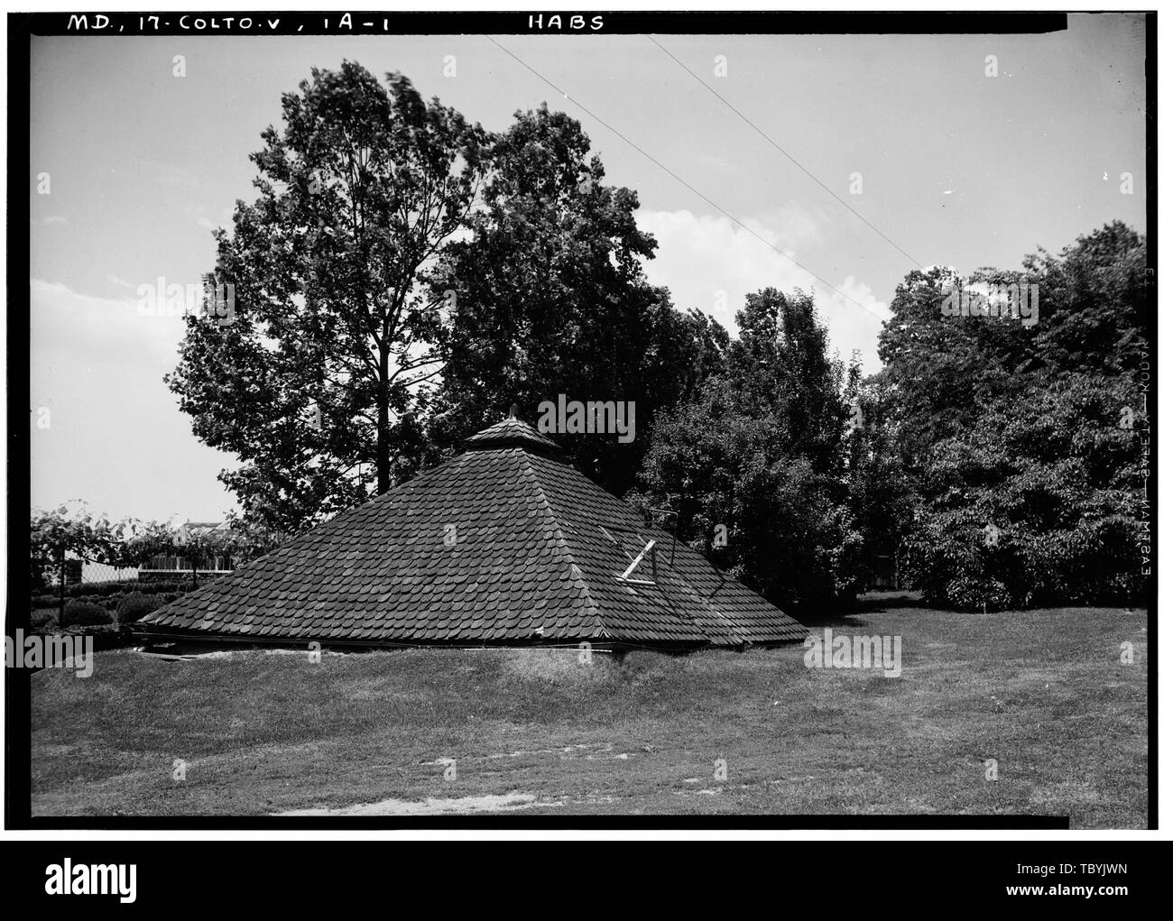 May 27, 1936 1105 A.M. VIEW OF ICE HOUSE FROM NORTHEAST.  Belair, Tulip Grove Drive, BelairatBowie, Bowie, Prince George's County, MD Ogle, Samuel Tasker, Benjamin Tasker, Benjamin Franklin, Benjamin Sharpe, Horatio Ogle, Benjamin Woodward, James T Levitt and Sons Klugh, Terra, transmitter Brostrup, John O, photographer Nichols, Frederick D, photographer Boucher, Jack, photographer Klugh, Terra, historian Price, Virginia B, transmitter Stock Photo
