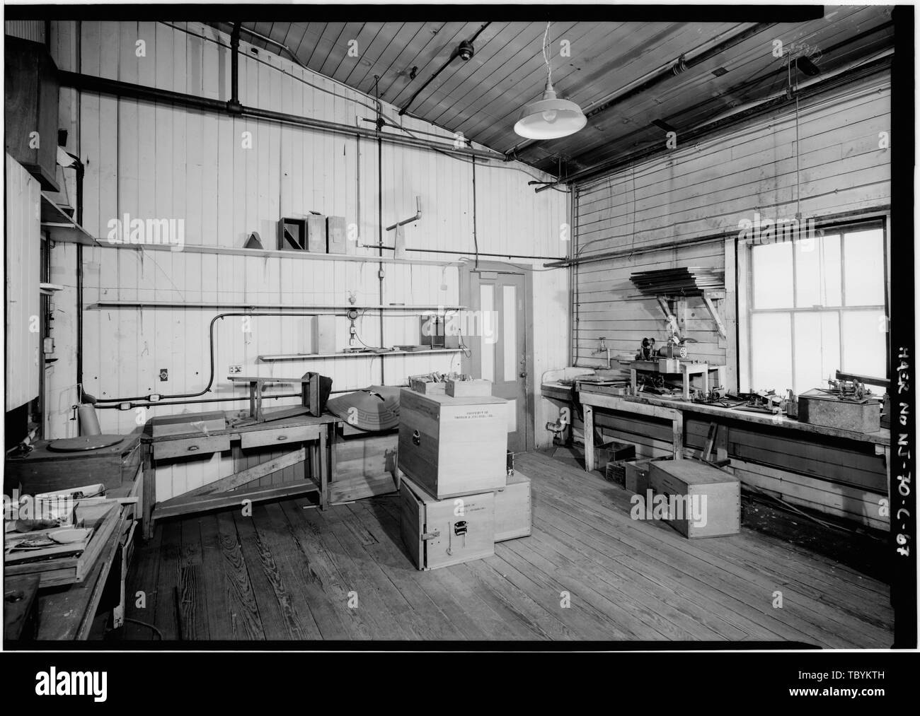 Miscellaneous artifacts relating to experiments with talking motion pictures about 1912 and to loudspeaking phonographs in the 1920s, third floor.  Thomas A. Edison Laboratories, Building No. 5, West Orange, Essex County, NJ Stock Photo