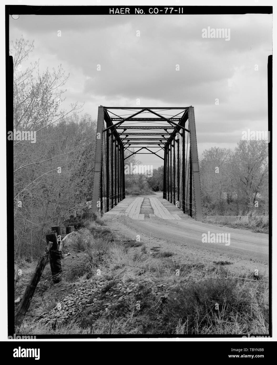 NEAR VIEW OF SOUTH PORTAL. VIEW TO NORTH.  Elson Bridge, Spanning Purgatoire River at County Road 36, El Moro, Las Animas County, CO Stock Photo