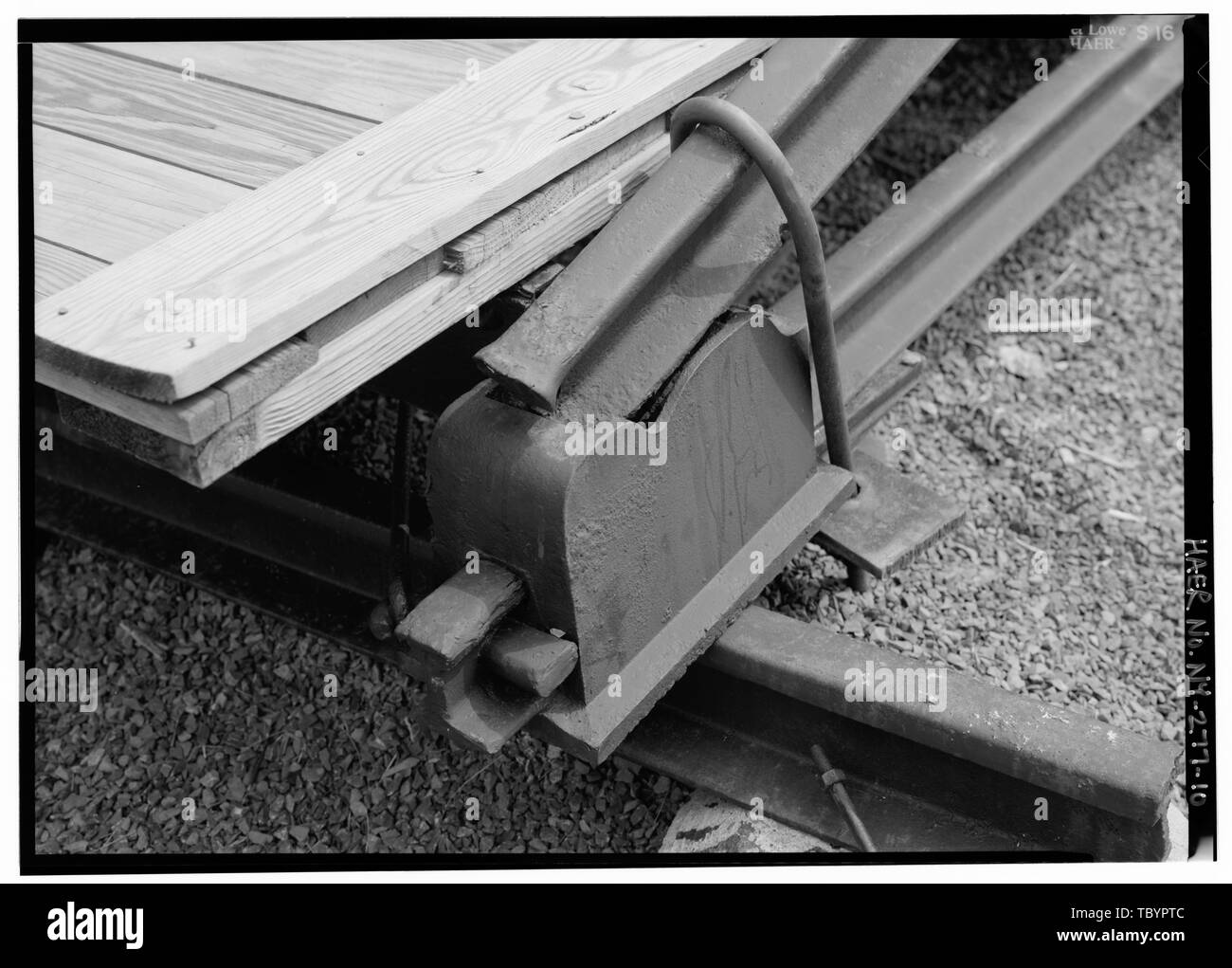 NORTH ABUTMENT DETAIL.  AveryBartholomew Patent Railroad Iron Bridge, Town park south of Route 222, west of Owasco Inlet (moved from Elm Street Extension spanning Fall Creek, Nubia, NY), Groton, Tompkins County, NY Stock Photo