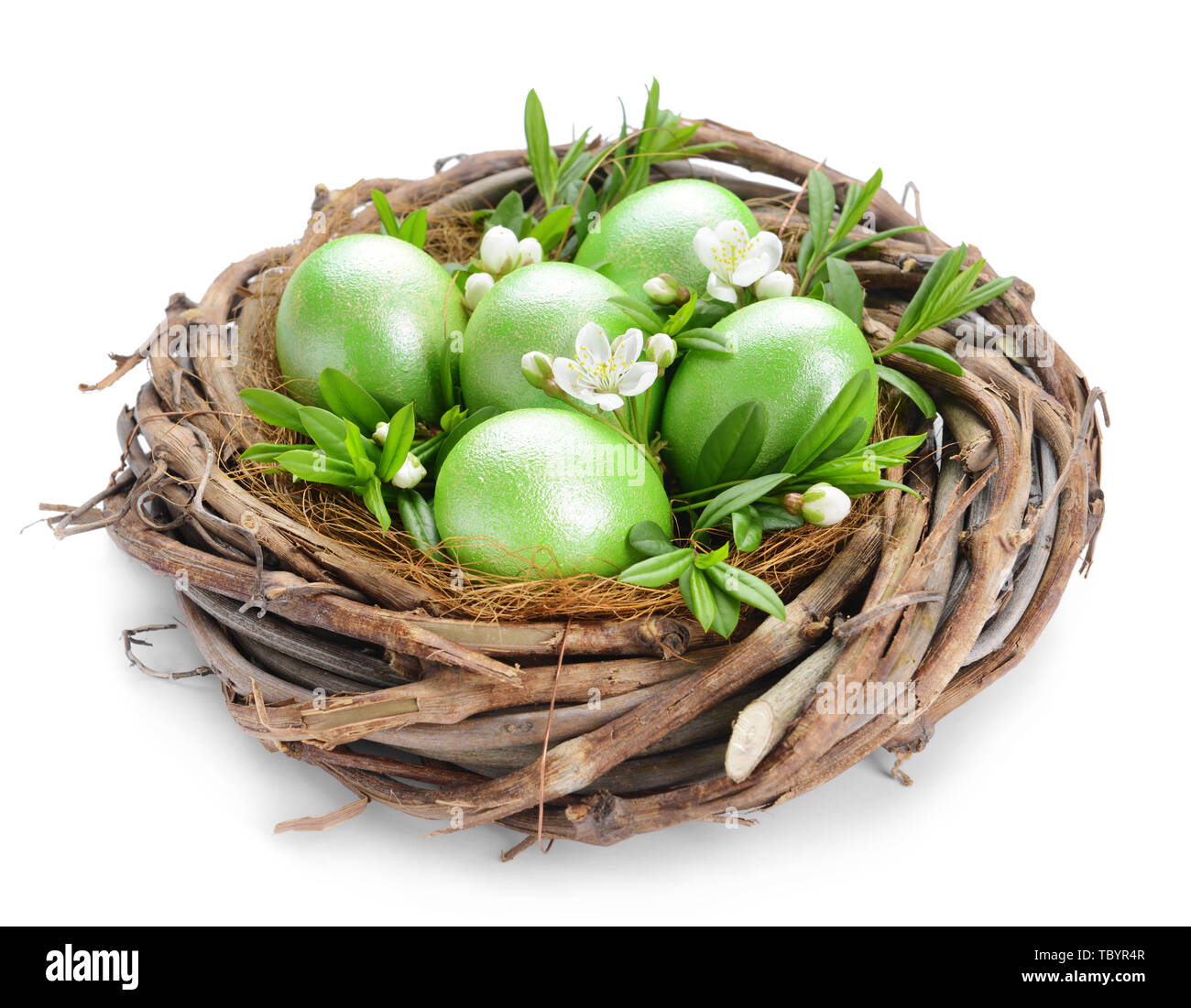 Nest with beautiful Easter eggs on white background Stock Photo - Alamy