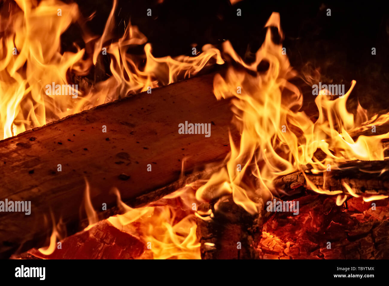Big campfire with blazing flames Stock Photo