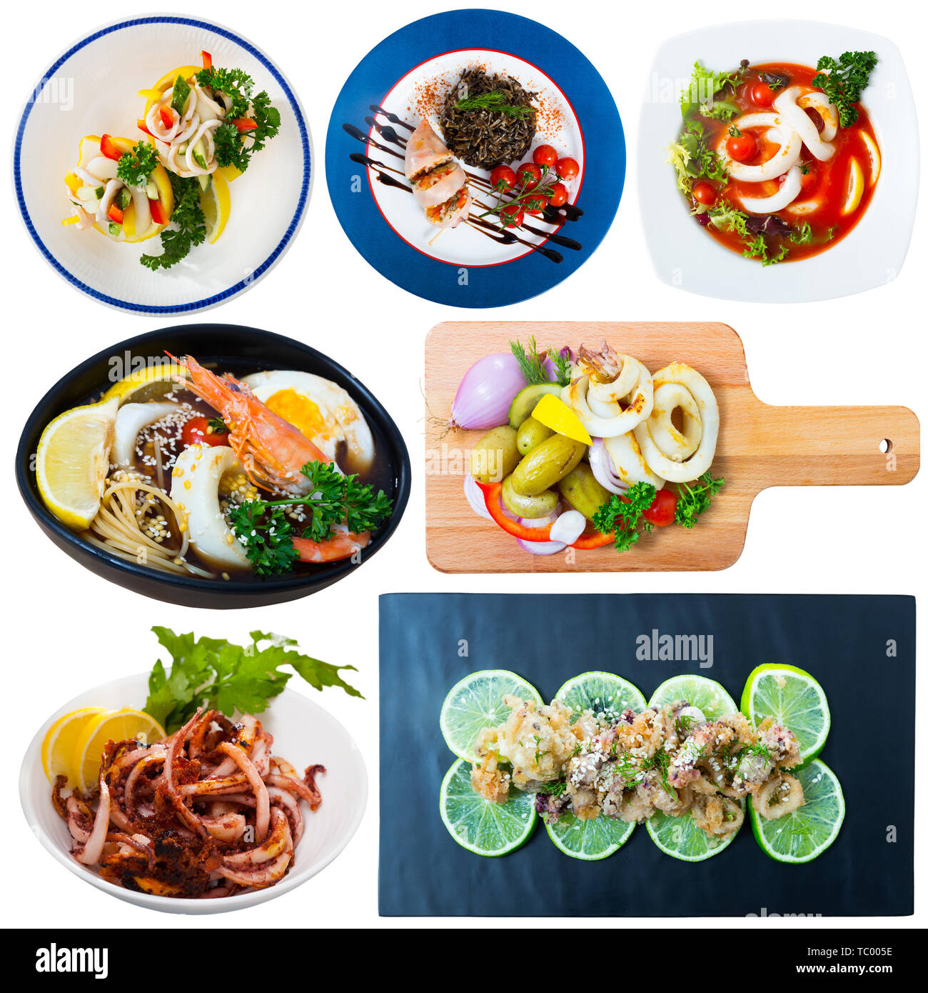 Set of various seafood dishes with squid and cuttlefish isolated on white background Stock Photo