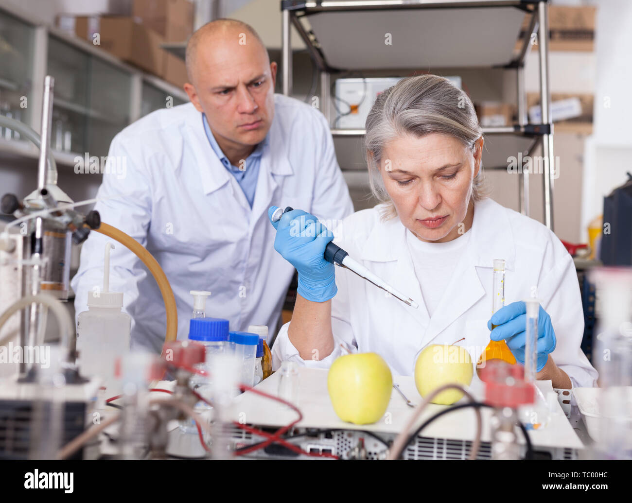Two experienced biochemists checking fruits and vegetables for nitrates ...