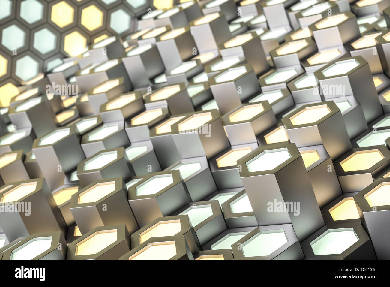 Golden hexagonal metallic background, three-dimensional rendering Stock Photo