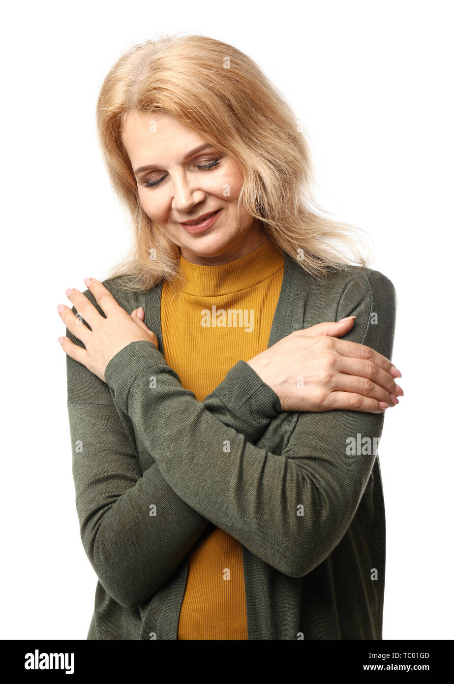 Portrait of beautiful mature woman on white background Stock Photo - Alamy