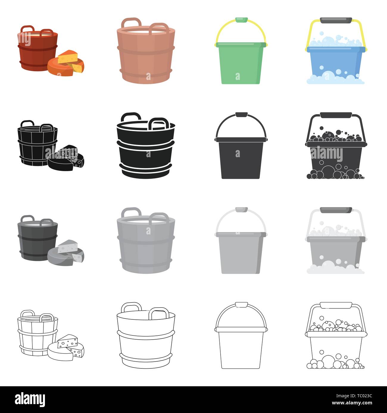 Vector illustration of bucket and water symbol. Collection of bucket