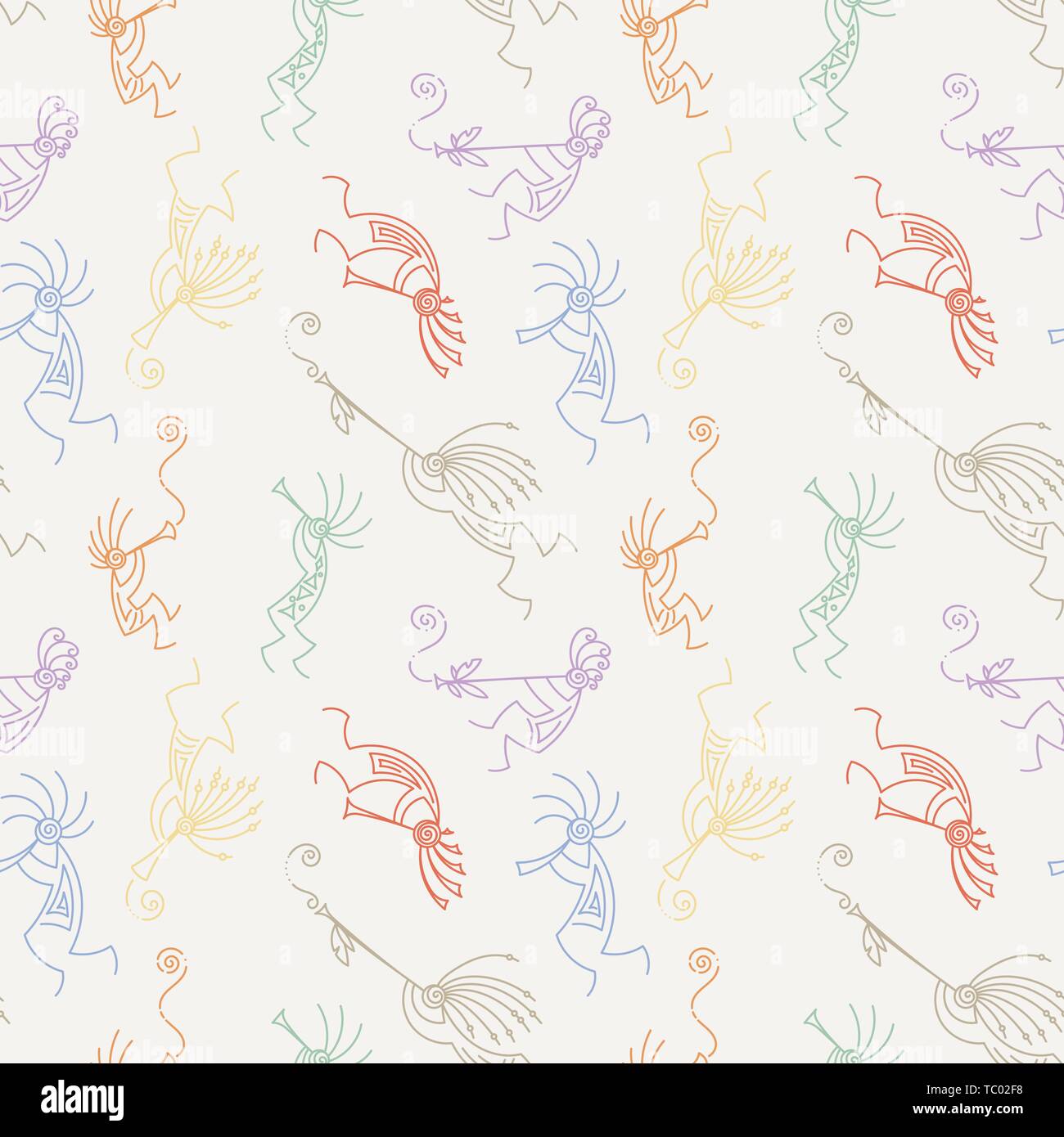 Hand drawn Kokopelli seamless pattern. Stylized mythical characters playing flutes. Vector art for prints. design, cards, children and coloring books, Stock Vector