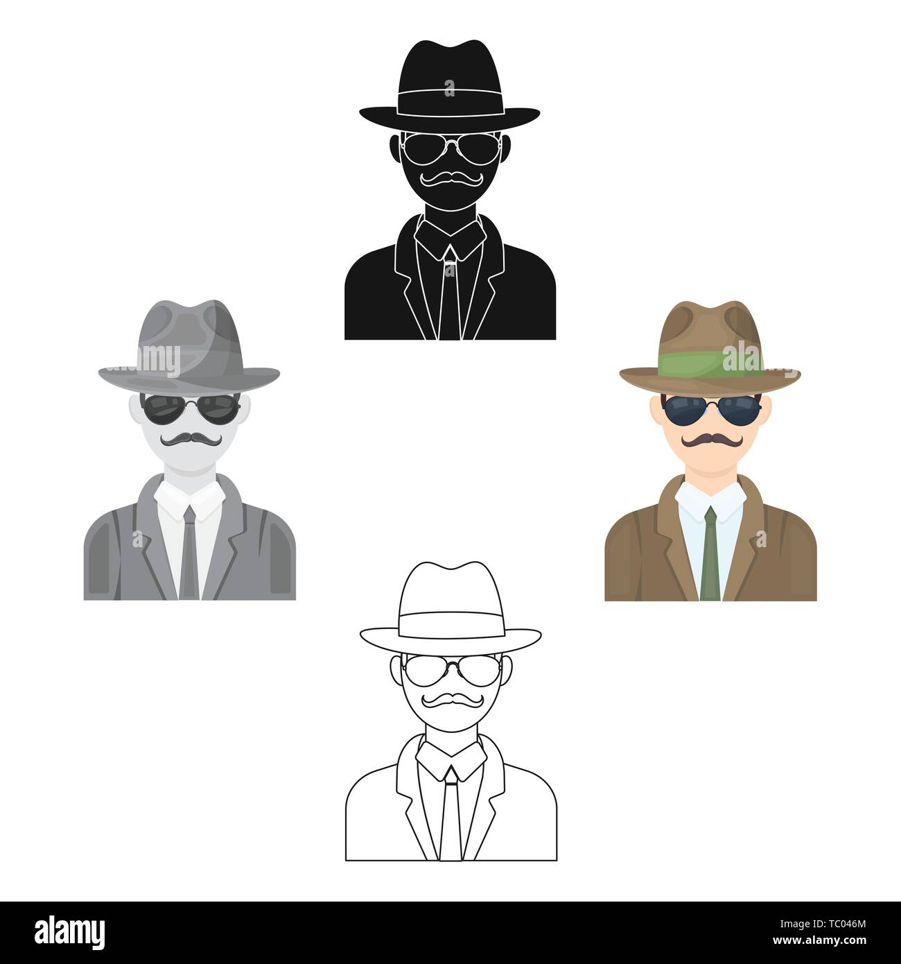 Man in hat suit raincoat and glasses. The detective undercover.Detective single icon in cartoon,black style vector symbol stock web illustration. Stock Vector