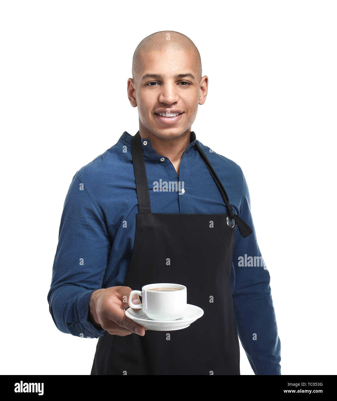 Handsome African-American waiter on white background Stock Photo - Alamy