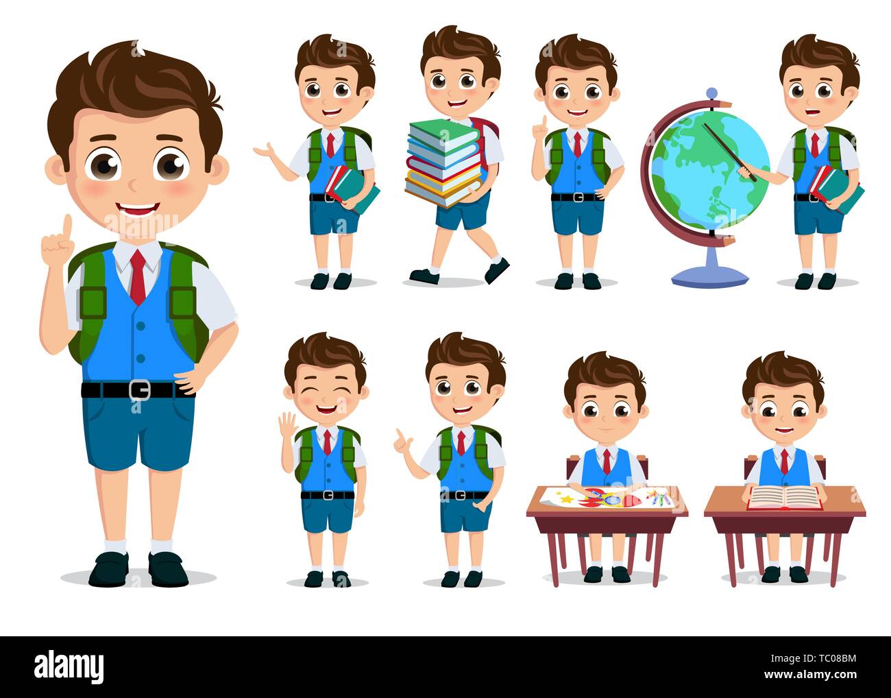 School kids student vector characters set. Back to school boy cartoon  characters with school uniform talking and doing educational activities.  Vector Stock Vector Image & Art - Alamy