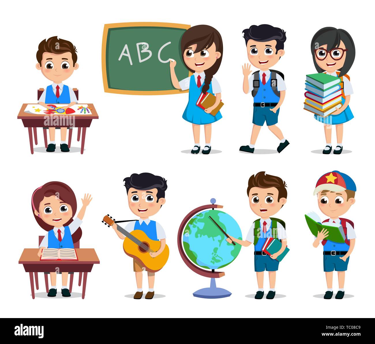 School students vector characters set. Young happy kids cartoon characters  doing educational activities wearing school uniform isolated in white Stock  Vector Image & Art - Alamy