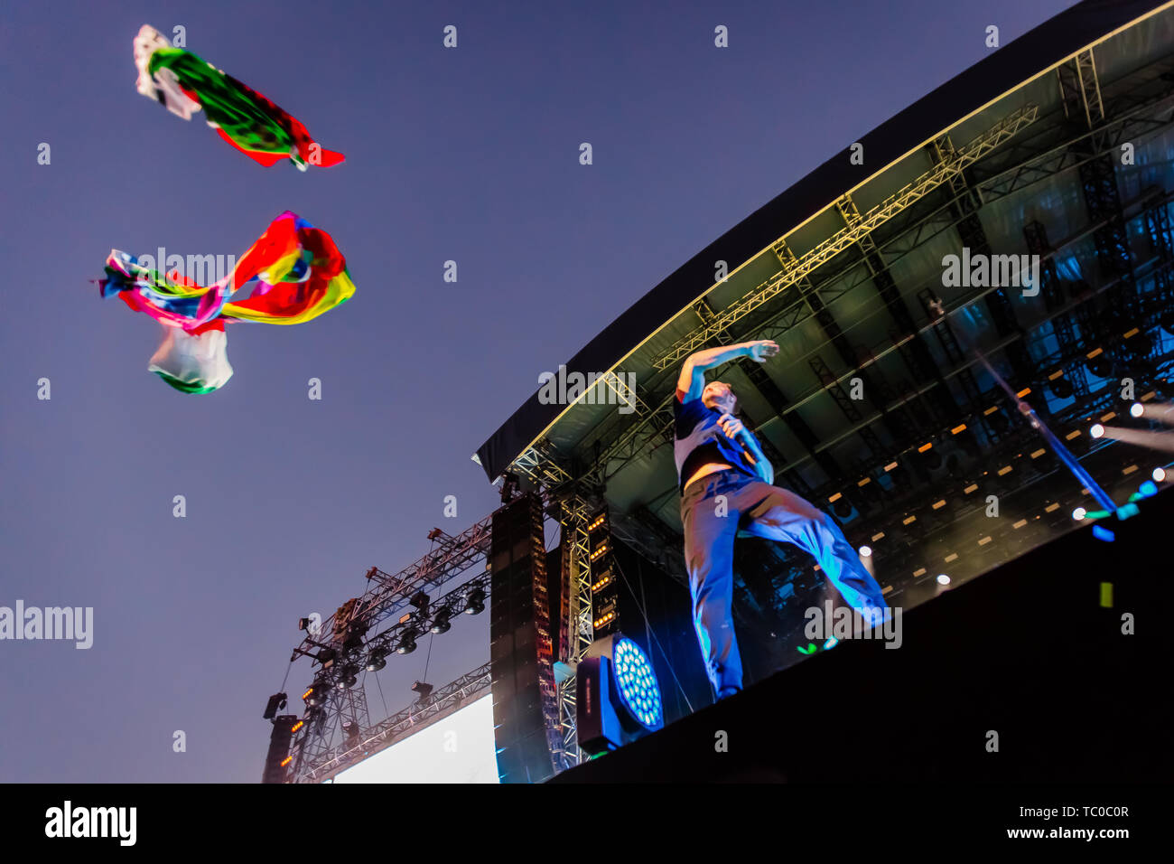 Firenze, Italy. 02nd June, 2019. Dan Reynolds, Wayne Sermon, Ben McKee and Daniel Platzman aka Imagine Dragons chose Italy to perform in the only European stage of their tour. On June 2 the American band took to the stage of the Visarno Arena in Florence to perform in all their greatest record hits. The concert was organized by Livenation Italia. Credit: Luigi Rizzo/Pacific Press/Alamy Live News Stock Photo