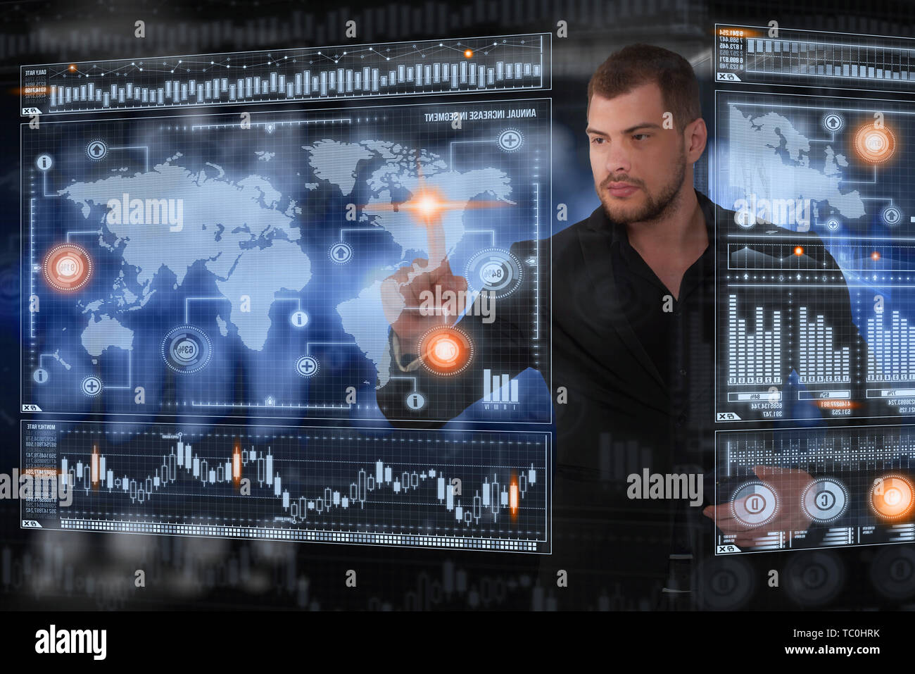 Businessman works with virtual holographic interface. Future technology concept Stock Photo