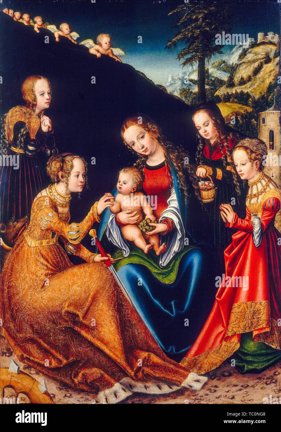 Lucas Cranach the Elder, The Mystic Marriage of Saint Catherine of Alexandria with Saints Dorothy, Margaret and Barbara, painting, circa 1516 Stock Photo