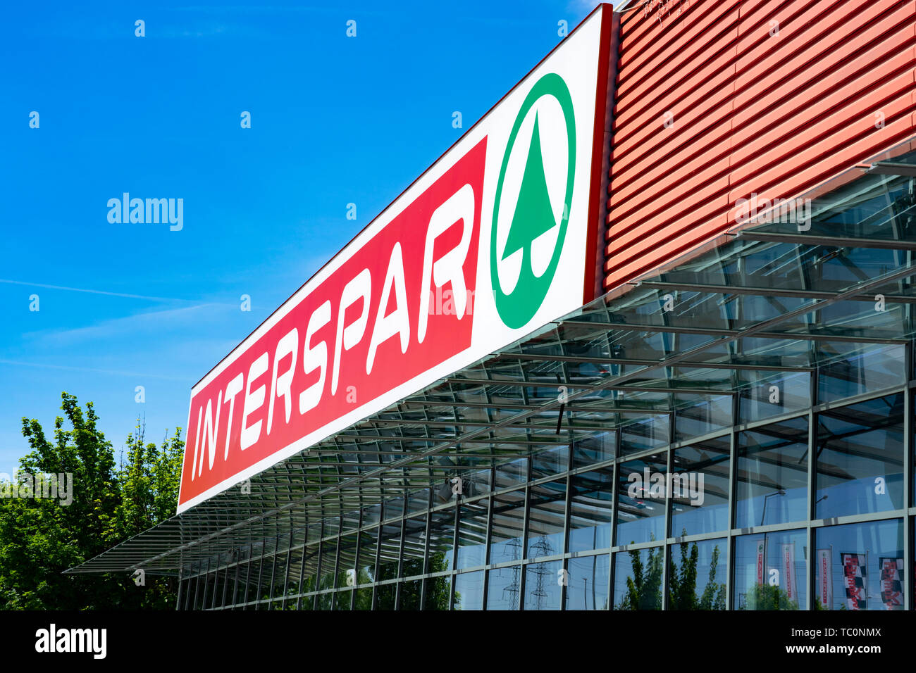 Veszprem, Hungary - 25.05.2018: Interspar Spar European supermarket logo on the building Stock Photo