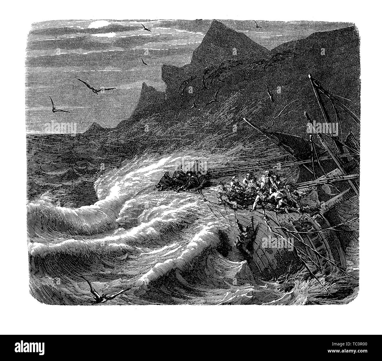 Stranded ship at the mercy of a nasty storm, with waves battering the wreckage and people in danger of life Stock Photo