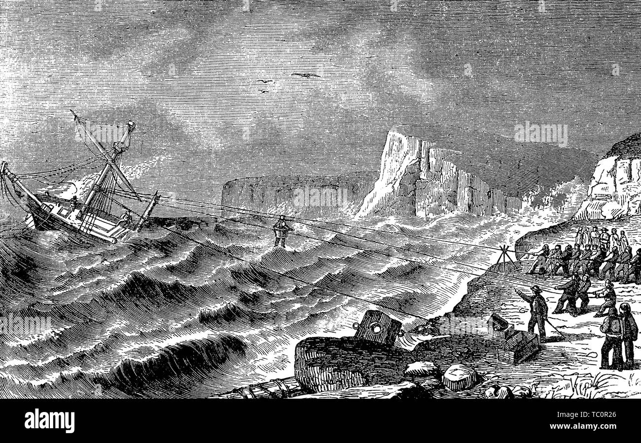 Vintage illustration of the technique and the efforts to rescue a wrecked ship with ropes from the coast Stock Photo