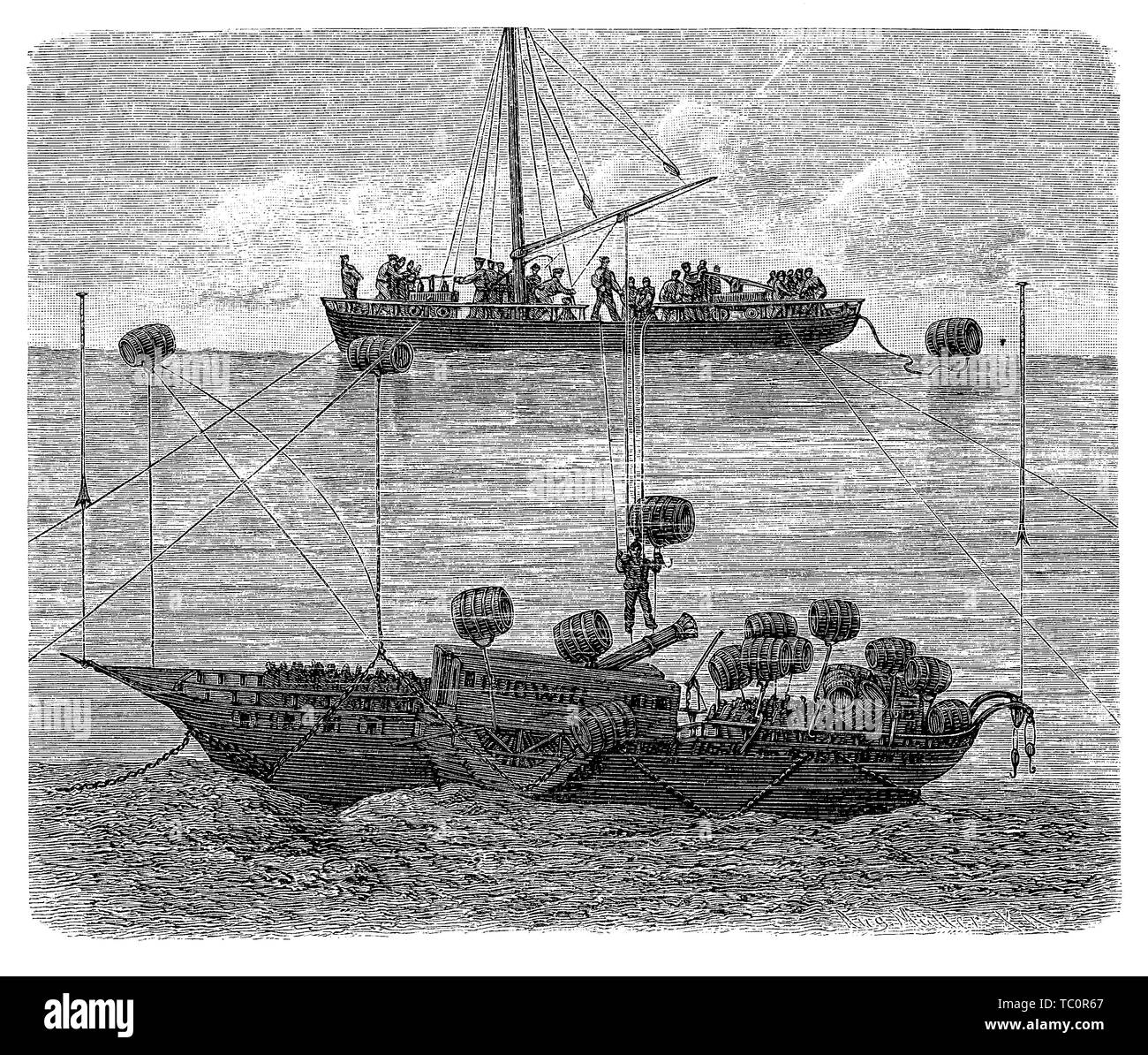 Divers working to lift the steamboat 'Ludwik' sunk in the Constance lake, engraving year 1864 Stock Photo