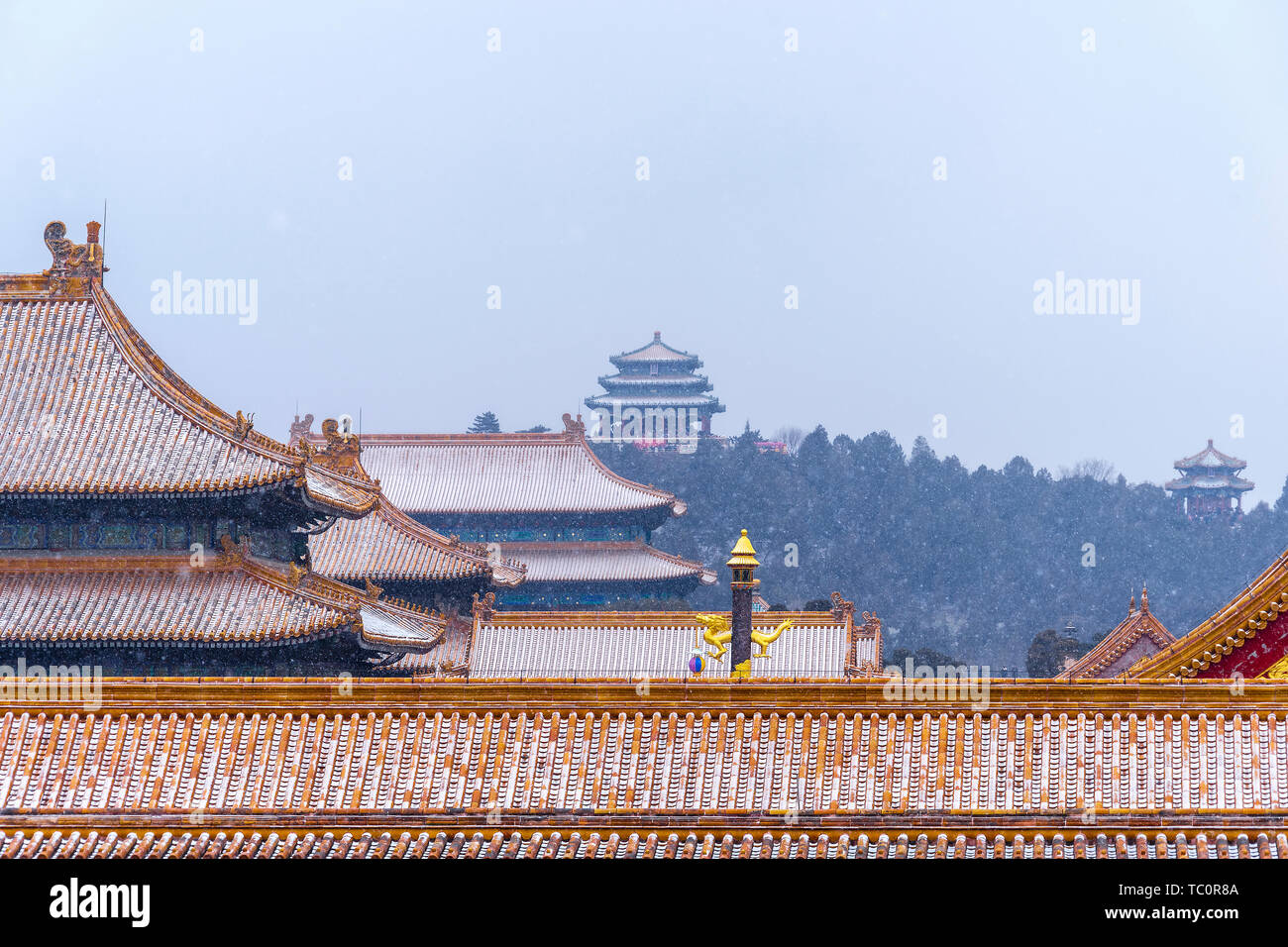 Forbidden City in Spring Snow 2019 in Beijing, China Stock Photo