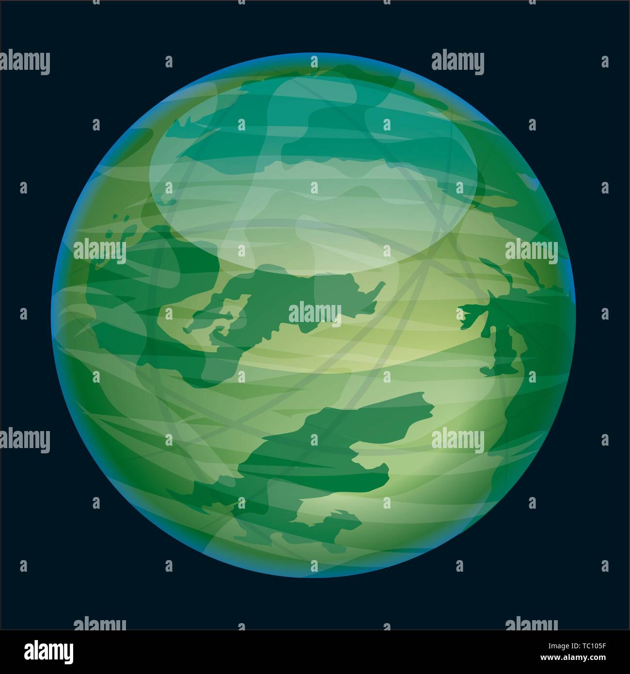 Vector illustration. Extraterrestrial green and shiny planet isolated on black. Stock Vector