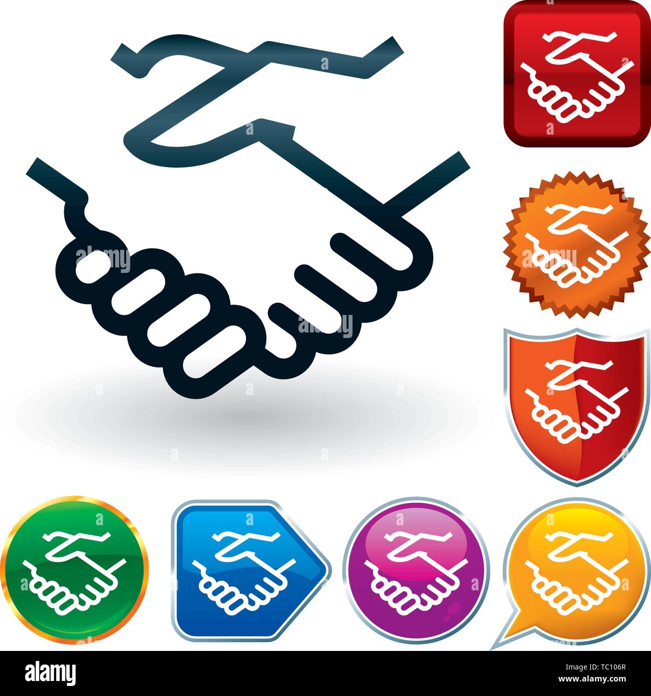 Vector illustration. Handshake glossy icon over seven different buttons. Stock Vector