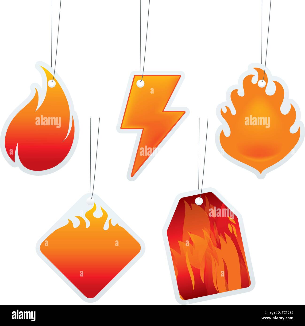 Vector illustration. Five price tags with flame forms. Blank and isolated. Stock Vector