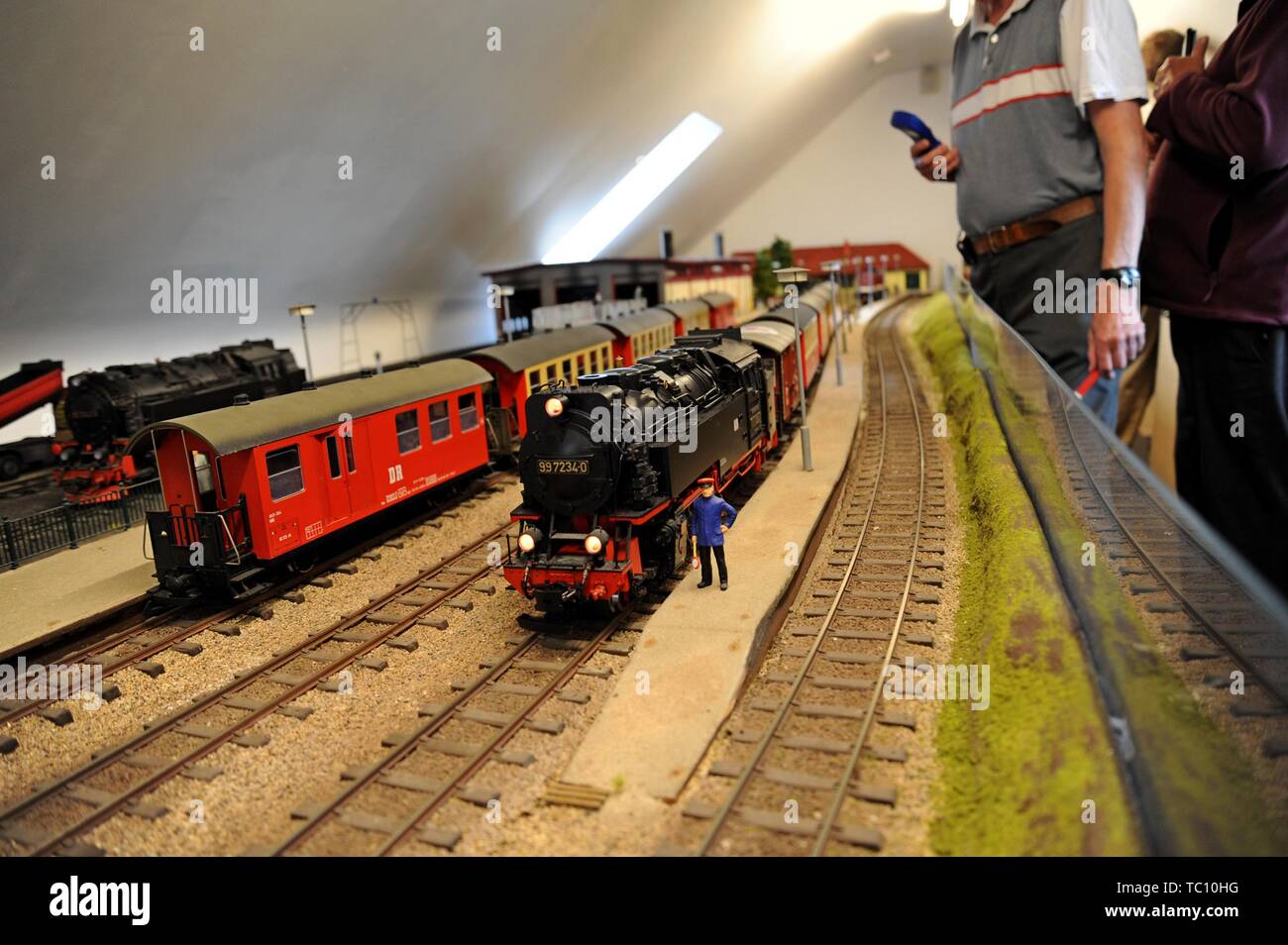 A G gauge model railway based on the Hartz railway Germany, in the station building at the Chasewater Light Railway, Cannock Stock Photo