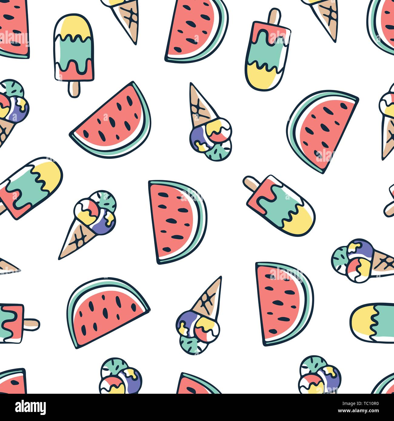 Hand draw doodle Ice cream and watermelon seamless pattern. Summer ...