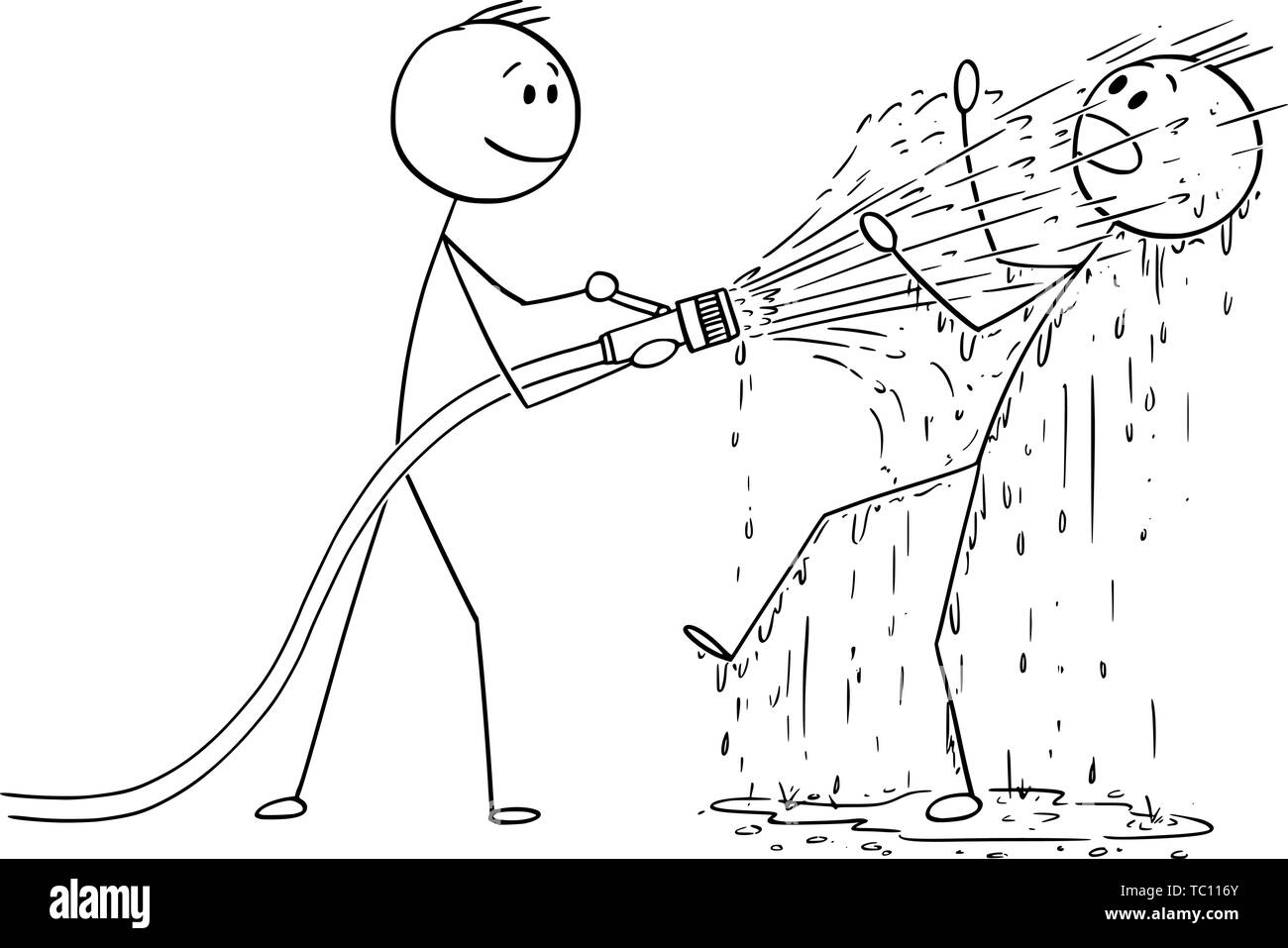 Vector cartoon stick figure drawing conceptual illustration of man or businessman holding big fire hose and shooting water on another man who is completely wet. Stock Vector