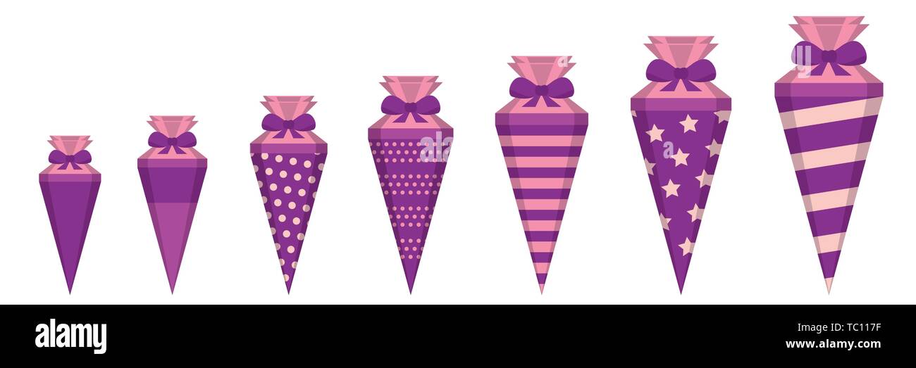 pink patterned school cones in different sizes isolated on white vector illustration EPS10 Stock Vector