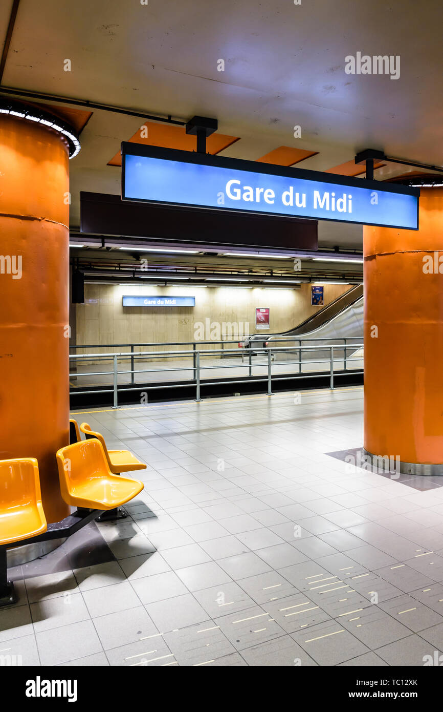 Empty tramway platforms in the Gare du Midi/Zuidstation subway station, located under the Brussels-South railway station in Belgium. Stock Photo