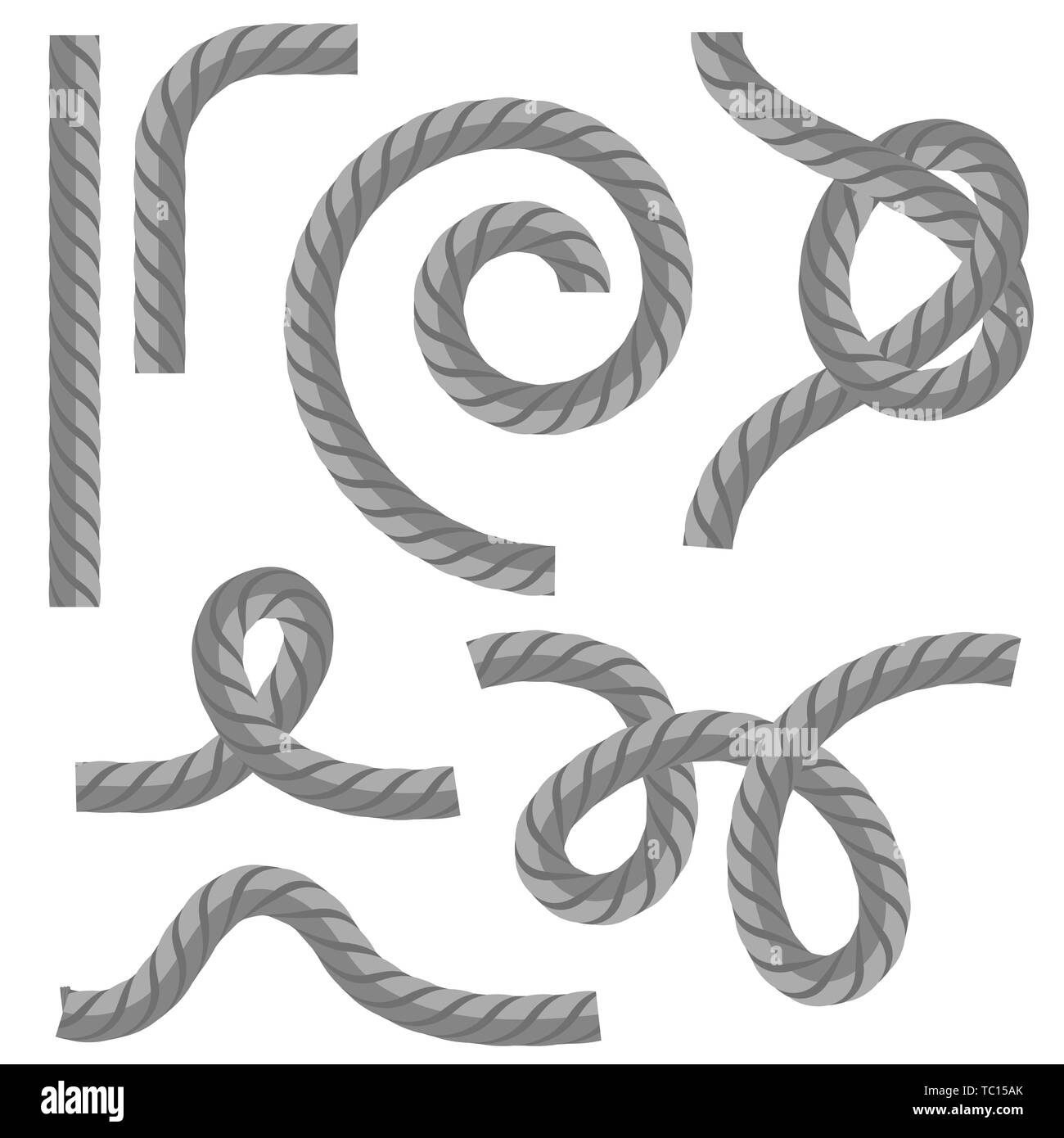 Different Rope Set with Knot on White Background. Stock Photo