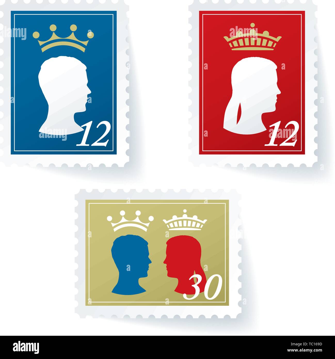 Vector illustration. Three stamps illustrated with king, queen and both