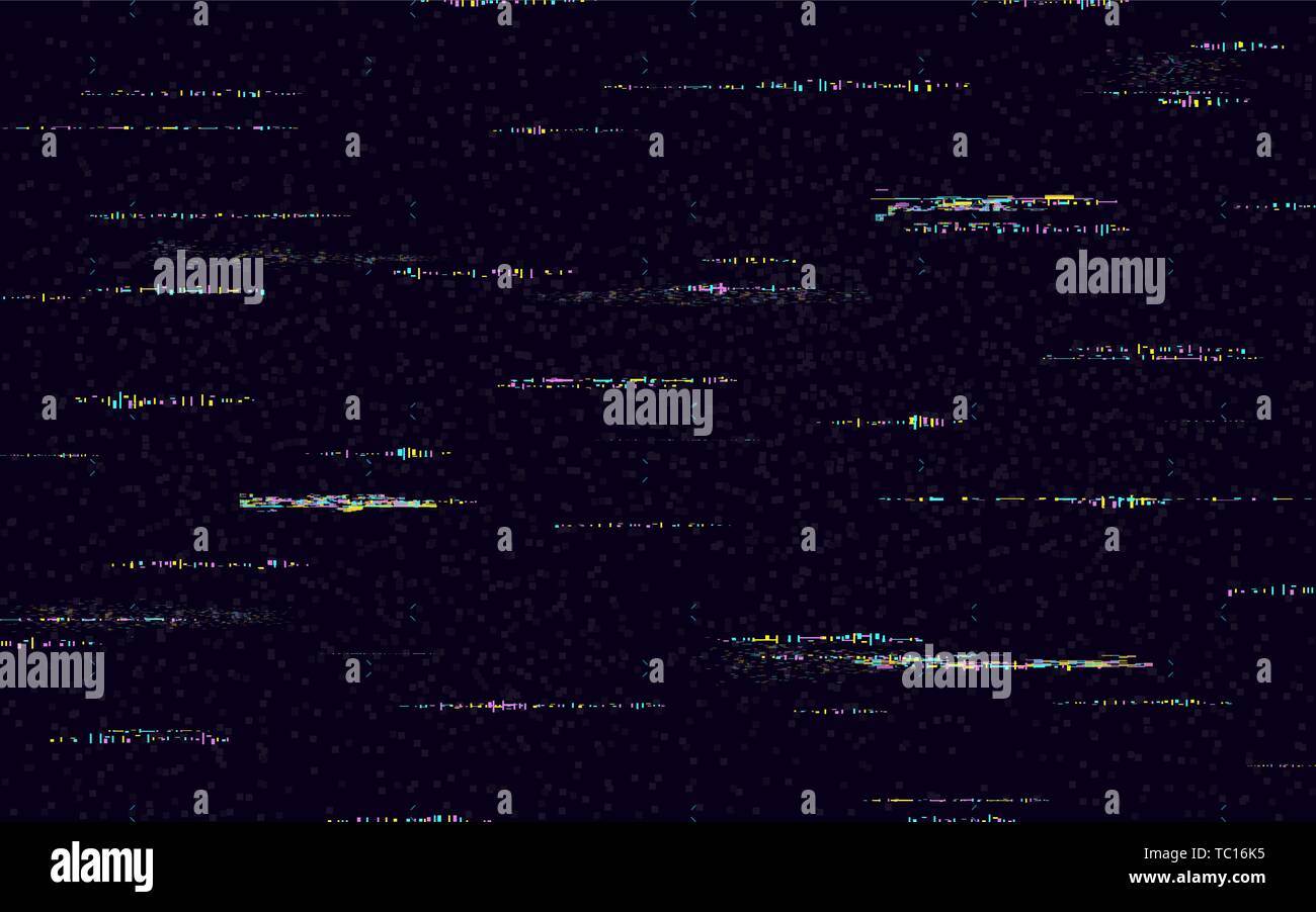 Glitch background with color distortion lines. Television noise effect on black backdrop. Retro VHS concept with glitched shapes. No signal template Stock Vector