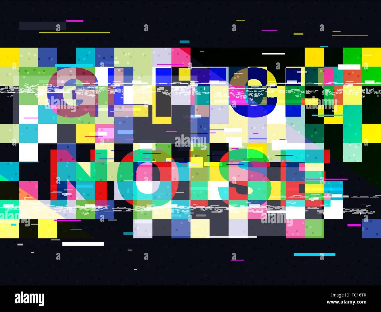 Glitch no signal TV. Abstract color pixels on black background. Glitched lines noise. Digital error design. Data failure template. Vector illustration Stock Vector