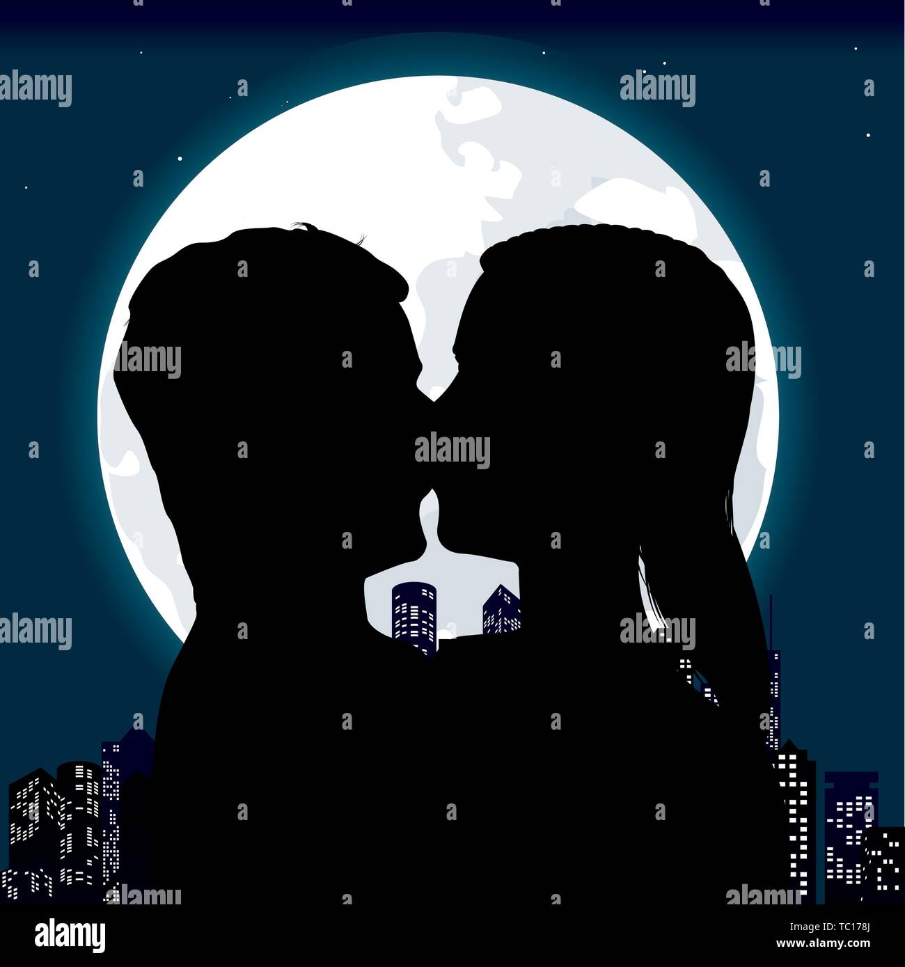 Vector illustration. Couple silhouette in black over big moon ...