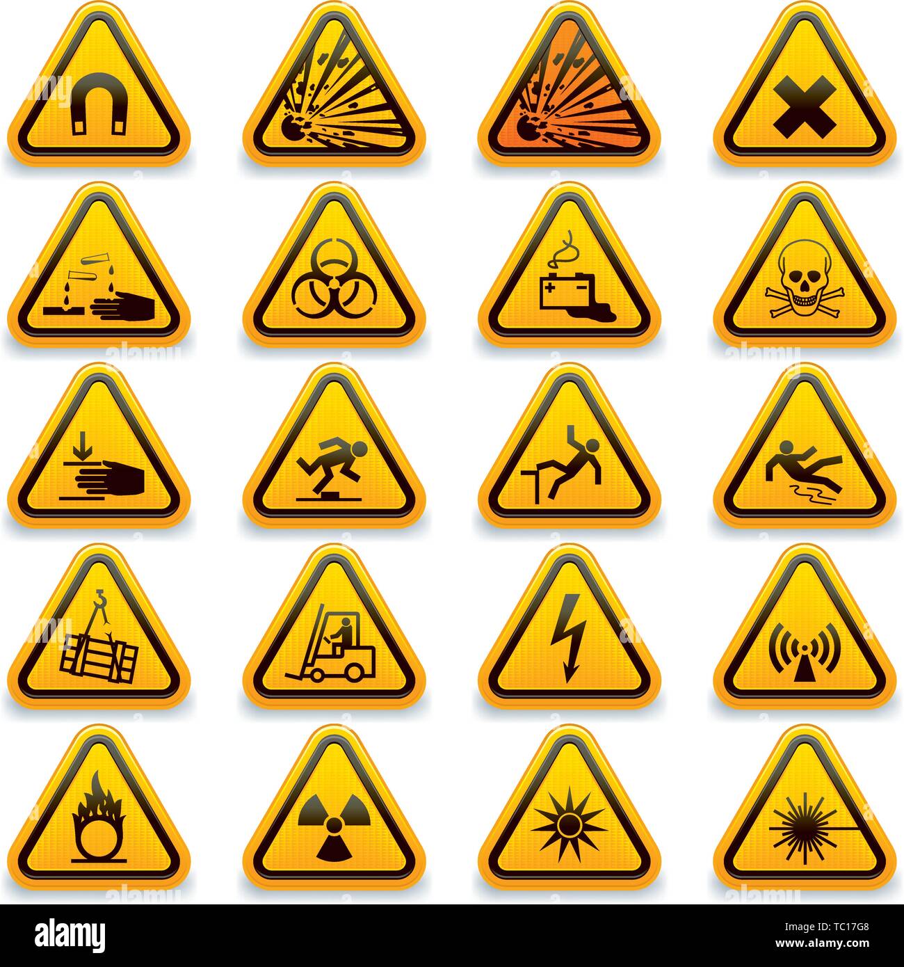 Vector illustration. Sixteen standard hazard symbols in shine style. Stock Vector