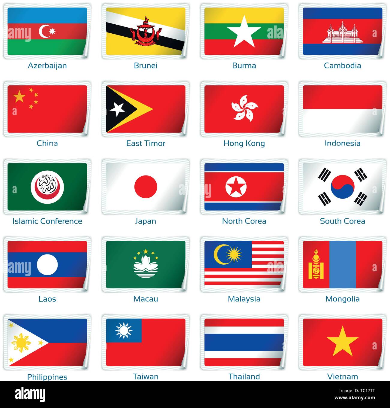 Sticker flags Eastern Asia. Vector illustration. 3 layers. Shadows, flat flag you can use it separately, sticker. Collection of 220 world flags. Accurate colors. Easy changes. Stock Vector