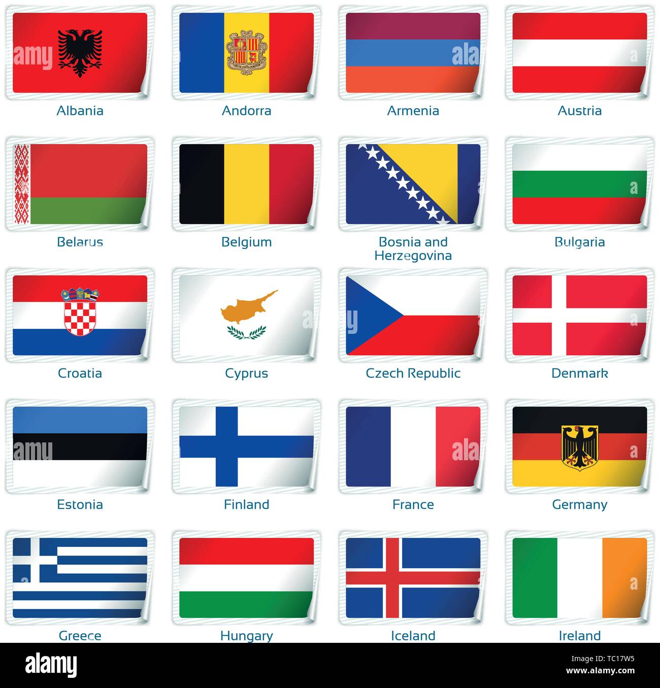 Sticker flags Europe one. Vector illustration. 3 layers. Shadows, flat flag you can use it separately, sticker. Collection of 220 world flags. Accurate colors. Easy changes. Stock Vector