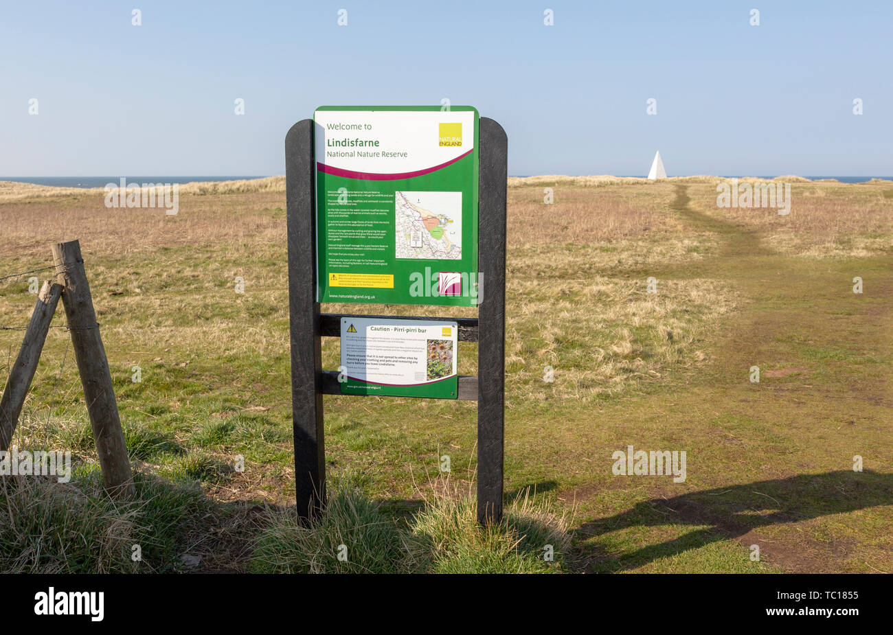 Sign for Lindisfarne National Nature Reserve, Holy Island,  Northumberland, England, UK Stock Photo