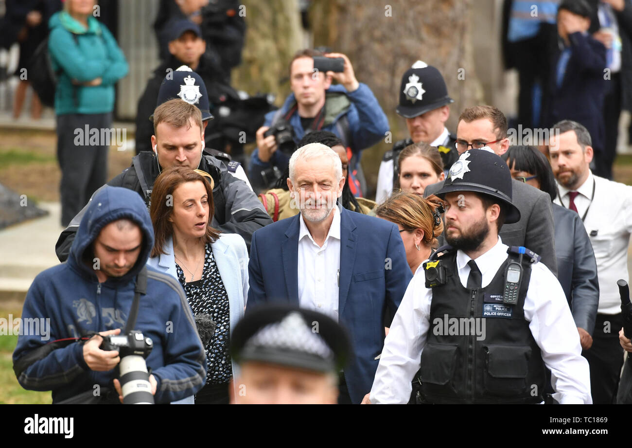Labour party leader Jerermy Corbyn arrives to speak at an anti-Trump demonstration on Whitehall, London on the second day of the state visit to the UK by US President Donald Trump. Stock Photo