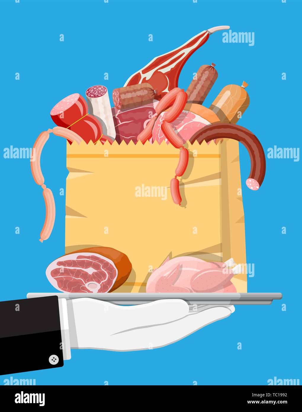 Collection of meat in tray. Chop, sausages, bacon, ham. Marbled meat and beef. Butcher shop, steakhouse, farm organic products. Grocery food products. Pork fresh steak. Vector illustration flat style Stock Vector