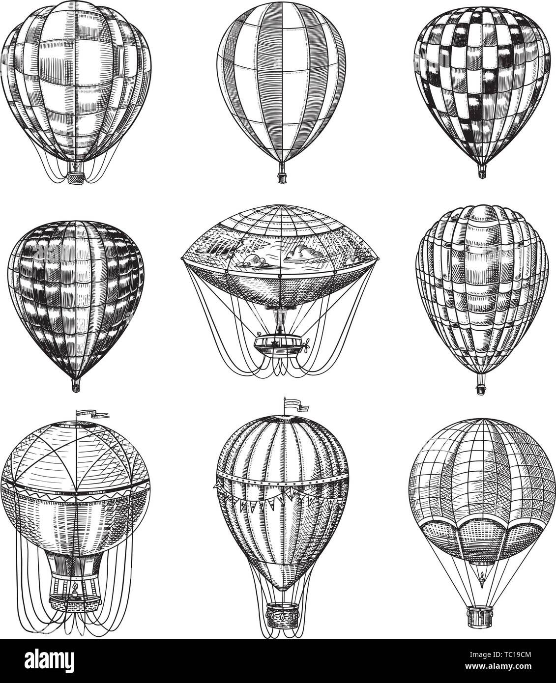 Set Of Hot Air Balloons Vector Retro Flying Airships With Decorative Elements Template Transport For Romantic Logo Hand Drawn Engraved Vintage Stock Vector Image Art Alamy